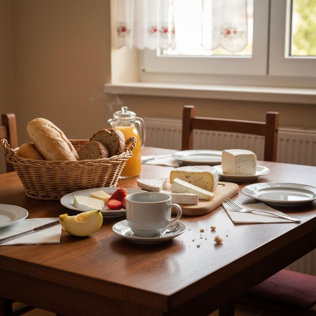 Doručak na hrvatskom stolu sa kruhom, sirom i voćem